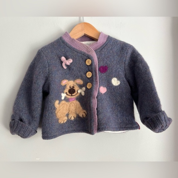 Skazandi Cardigan Sweater Wool Needle Felting Dog  Hearts Purple 3T - Picture 1 of 5